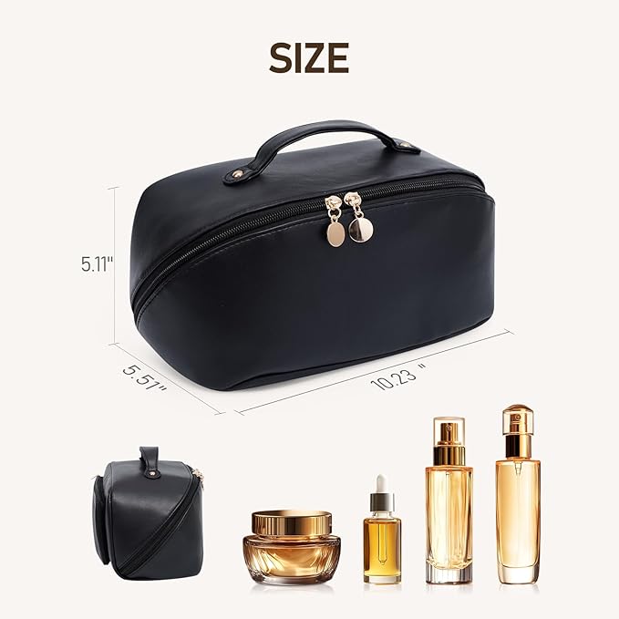 Large Capacity Cosmetic Bag for Women, Waterproof PU Leather Makeup Bag for Travel,Toiletry Bag Make up Organizer with Divider and Handle (Black)