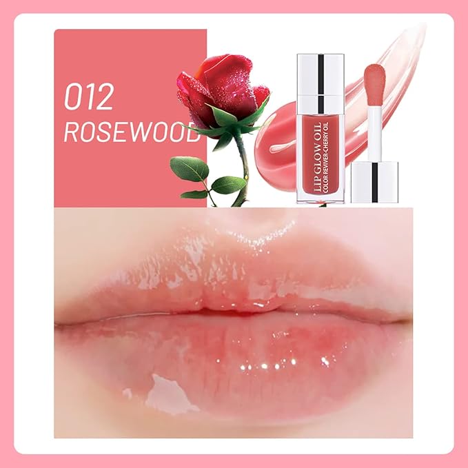 Lip Oil Hydrating Tinted Lip Balm, Plump Lip Gloss Lip Care Transparent Toot Lip Oil Tinted (012# ROSEWOOD)