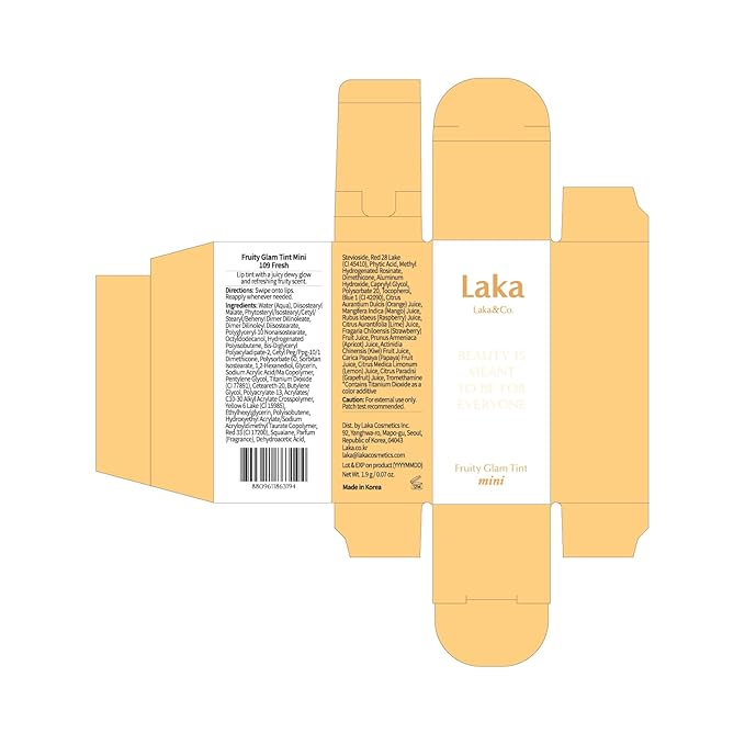 Laka Fruity Glam Lip Tint Mini, Glowing Lip Stain with Wide Color Spectrum, Hydrating & Lightweight Texture, Long-Lasting Bold Stain, Non-Sticky, Vegan, K-Beauty (#109 Fresh)