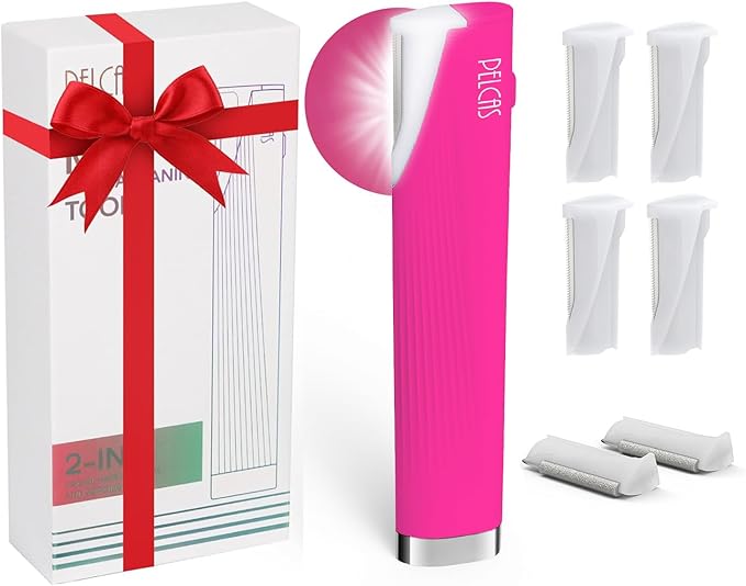 PELCAS Electric Dermaplaning Tool Kit with LED Light, Mini Face Dermaplaning Razor with 6 Replace Blades, Painless 3 Speeds Facial Peach Fuzz, Exfoliation & Hair Removal System for Women BV18-712