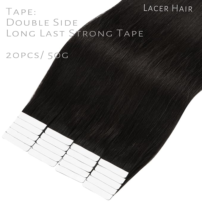Lacerhair Tape in Hair Extensions Human Hair - 20 Inch Natural Black 100% Real Virgin Tape in Human Hair Extensions Double Sided 50g 20pcs/set
