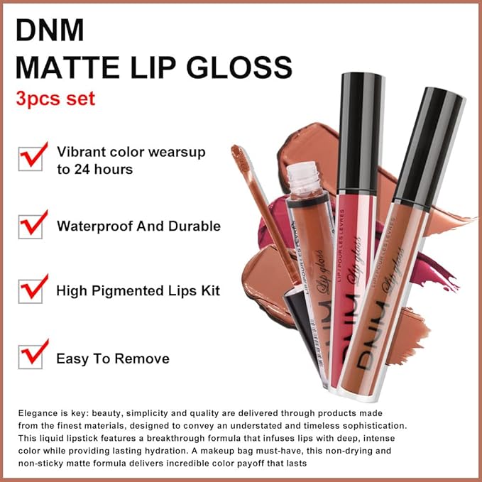 evpct 3Pcs Nude Brown Rose Pink Dark Matte Liquid Lipstick Makeup Sets for Dark Skin Black Women, Permanent Lip Stain Set Long Lasting Lipstick 24 Hours Waterproof labiales mate 24 horas originales 09