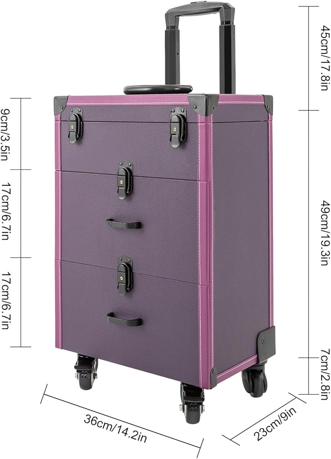 Makeup Train Case, Rolling Makeup Trolley Case, 3 Tiers Lockable Nail Polish Organizer with 2 Keys 4 Wheels (2 with Brakes) for Travel Makeup Artists Nail Technicians (Purple Case, Black Lock)