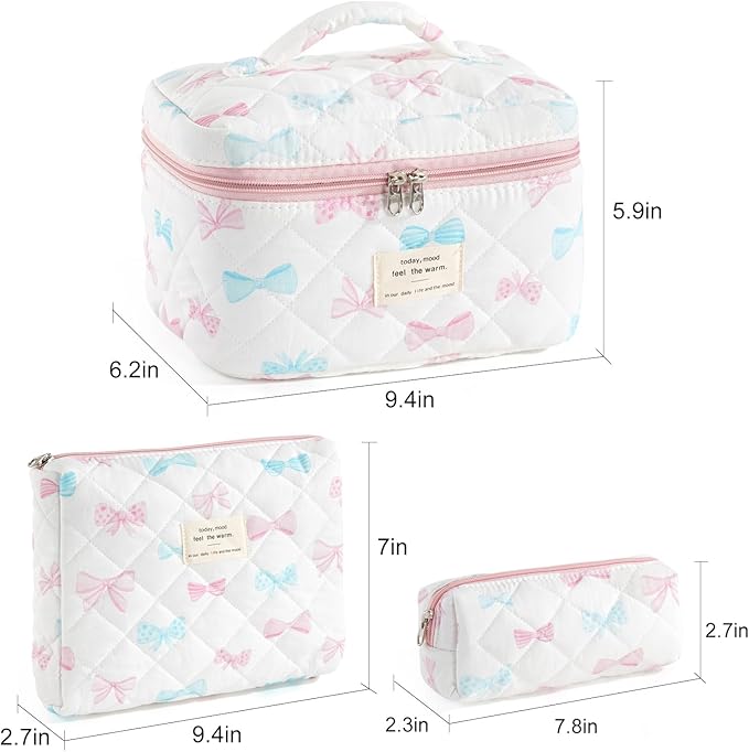 Makeup Bag for Women 3PCS Quilted Cotton Make Up Bag Travel Cosmetic Bag Large Makeup Bag Set Cute Bow Makeups Organizer Floral Toiletry Pouch for Purse, Bow F
