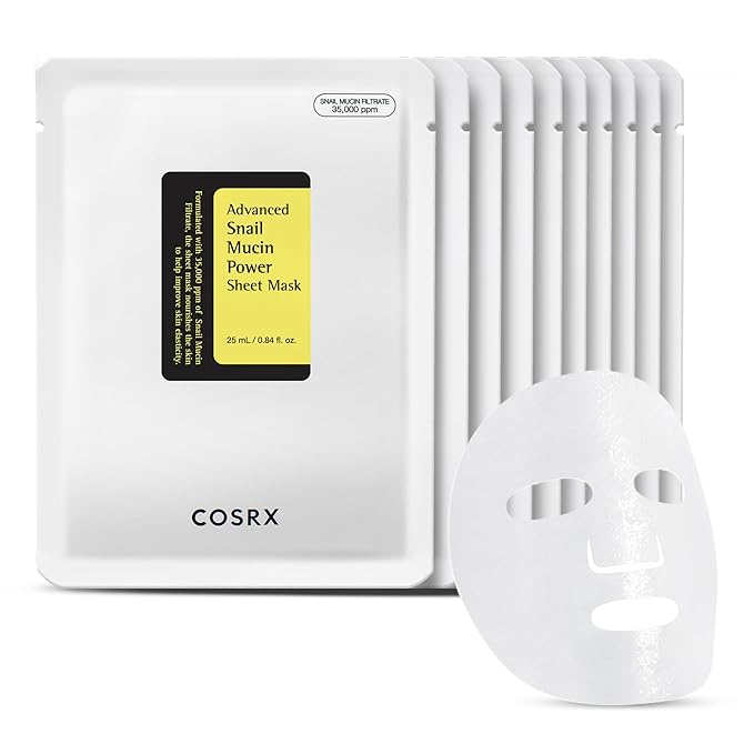 COSRX Snail Mucin Sheet Mask 10 EA with Snail Mucin Serum, Self Care, Face Masks for Dry, Sensitive Skin, Not Tested on Animals, No Parabens, No Sulfates, Korean Skin Care, Stocking Stuffers