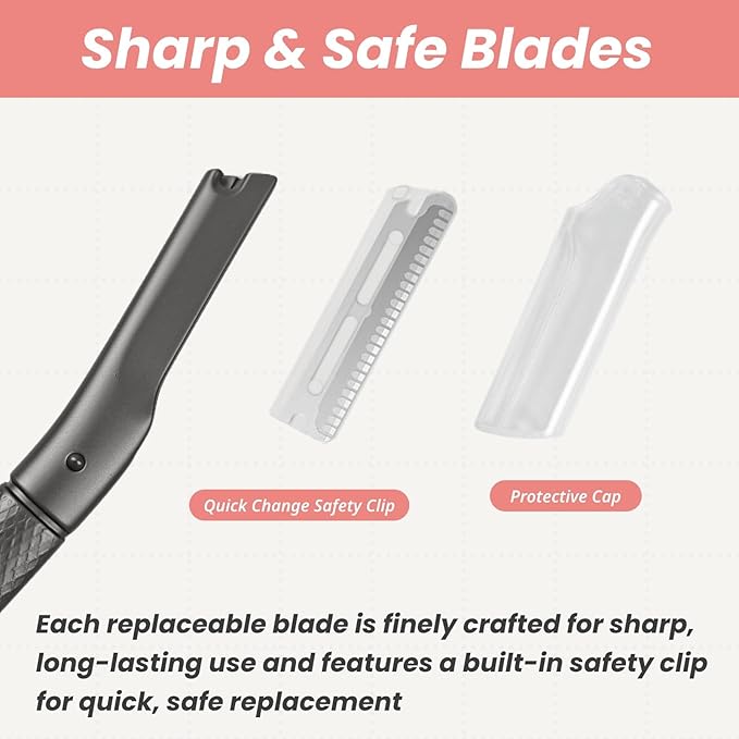 Facial Razor for Women with 20 Refill Blades, Eyebrow Razor and Dermaplaning Tool for Face Exfoliation & Peach Fuzz Removal, Precision Eyebrow Trimmer with Reusable Metal Handle – Black
