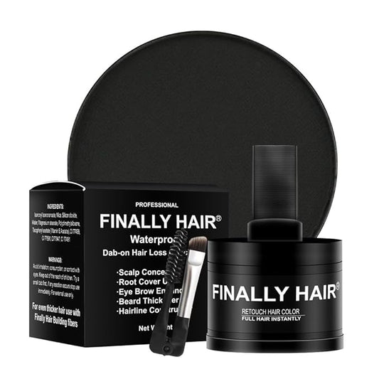 Finally Hair Fiber Concealer - Waterproof Black Hair Loss Solution, Hairline Creator, Eyebrow Enhancer & Beard Filler with Dab-on Shadow Powder