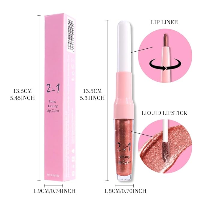 evpct Copper Metallic Glitter Lip Liner and Lipstick Combo Lip Gloss Stain Set Makeup for Women Long Lasting Waterproof 24, Bronze Gold Mocha Metallic Shimmer Frosted Iridescent Glossy Liquid Lipstick