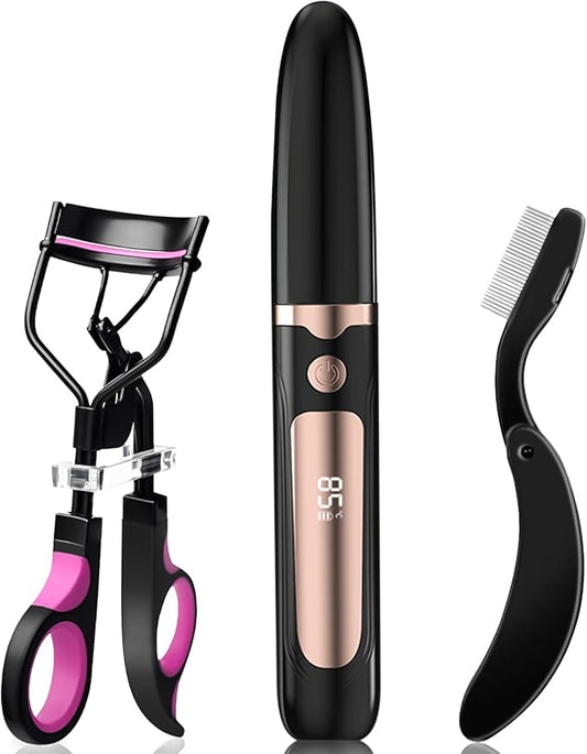 Christmas Gifts for Women，Mpotmiy 3-in-1 Heated Eyelash Curler Kit,Eyelash curlers &Folding Eyelash Comb,24 Hours Long Lasting Natural Curl,Anti-Burn,Non-Slip Finger Grips,izador de pestañas