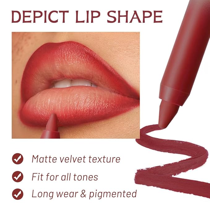 Brick Red Matte Lip Liner Pencil – Smooth & Moisturizing Lip Pencil for Precise Contour, Rich Color Payoff, Lightweight Everyday Lip Makeup, Twist-Up Design,05#