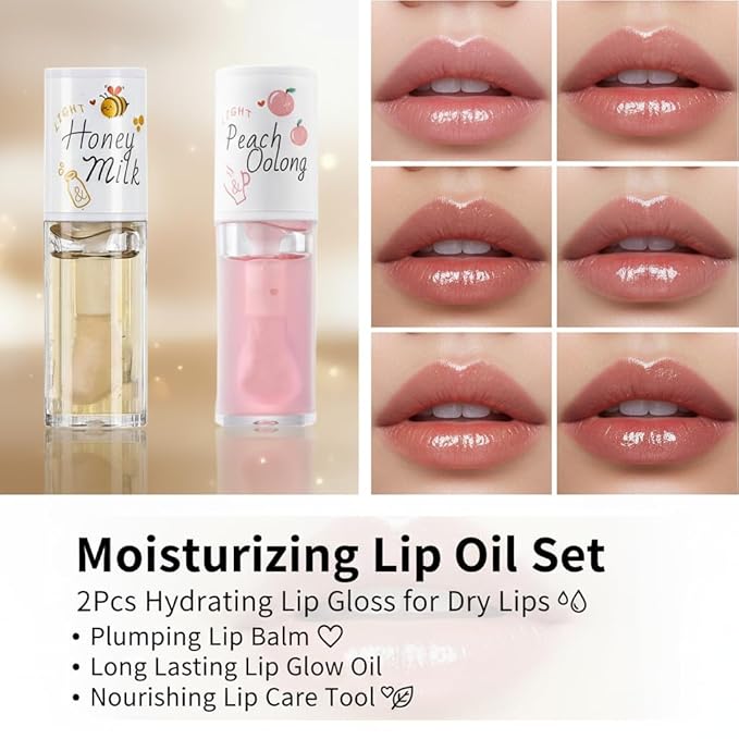 Crystal Jelly Moisturizing Lip Oil 2Pcs Hydrating Lip Gloss Set Plumping Lip Oil Balm Long Lasting Glow Oil Lip Care Tools