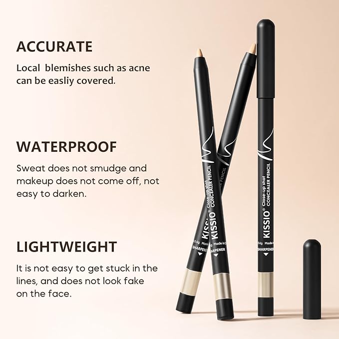 KISSIO Concealer Pencil,Under Eye Concealer,Cover Acne and Freckles,Brightener,Waterproof,Long-lasting,Cream,Makeup Pencil with Sharpener,03 WHEAT