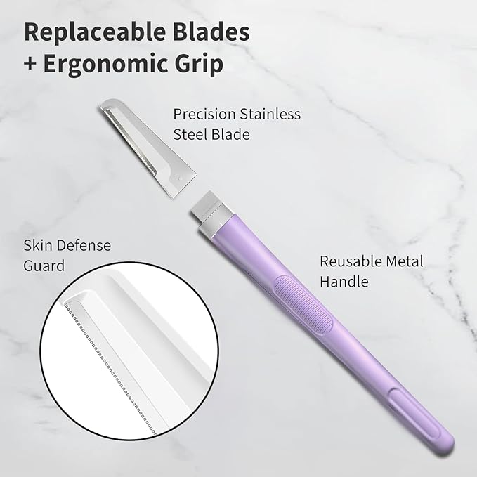 Dermaplane Razor for Women Face, Precision Face Razors for Women, Dermaplaning Tool, Gentle Exfoliation, Facial Hair Removal and Perfectly Shape Brows, Reusable Metal Handle with 4 Microblades, Purple