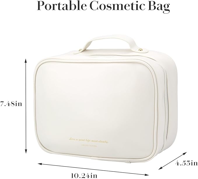 Travel Makeup Bag Large Capacity Cosmetic Organizer Waterproof Leather Toiletry Bag with Brush Holder and Handle Portable Cosmetic Storage Bag for Women Girls Gift - White