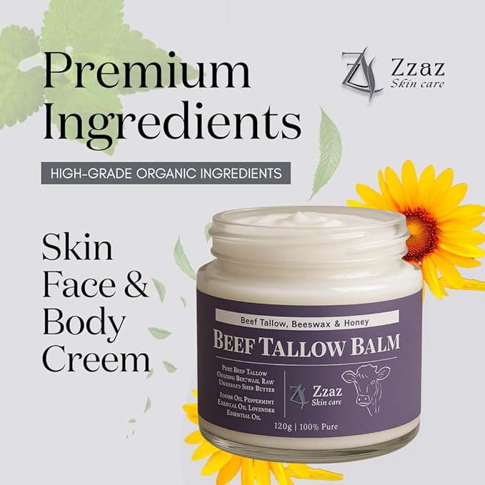 Beef Tallow Balm - 100% Pure Ingredients - Unscented Multipurpose Balm for Skincare - Beef Tallow Moisturizer 4oz/120g