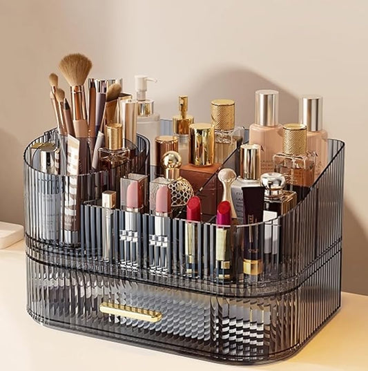Makeup Organizer with Drawers and 360° Rotating Brush Holder, Large Capacity Cosmetic Storage for Vanity, Skincare, Perfume, Hair Accessories, Lipstick & Jewelry (Transparent Gray, 2-layer)