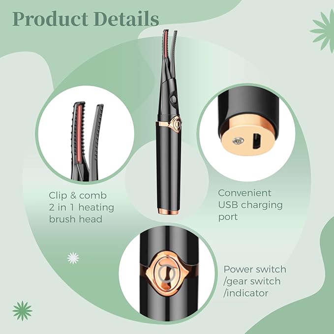Heated Eyelash Curler, USB Rechargeable Electric Heating Eyelash Curler for Women, 3 Temperature Modes 2 in 1 Clip-Type Eyelash Curler with Built-in Comb Fast Heating & Long Lasting