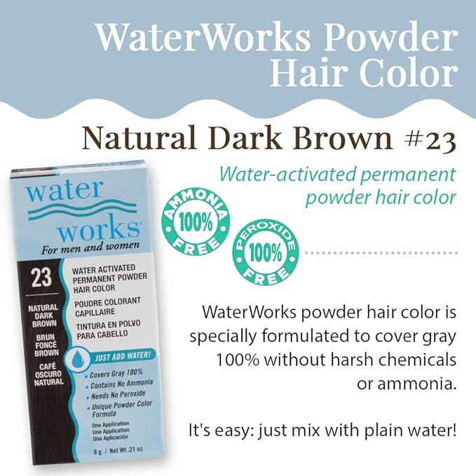 Water Works Hair Color Powder, Dark Brown – Permanent Hair Dye for Root Touch-Up & Full Coverage, Vivid Color, Men & Women, 3 Pack