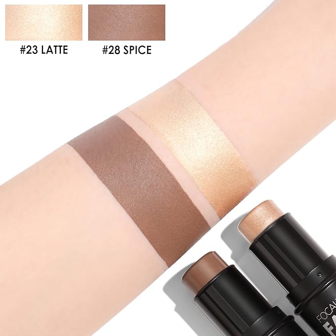 FOCALLURE 2 Pcs Mineral Cream Contour Stick,Moisturize Highlighter and Bronzer Pen,Non Stick Face Brightens & Shades Pencil,Long Lasting & Smooth Gliding Face Illuminator Makeup,Tan