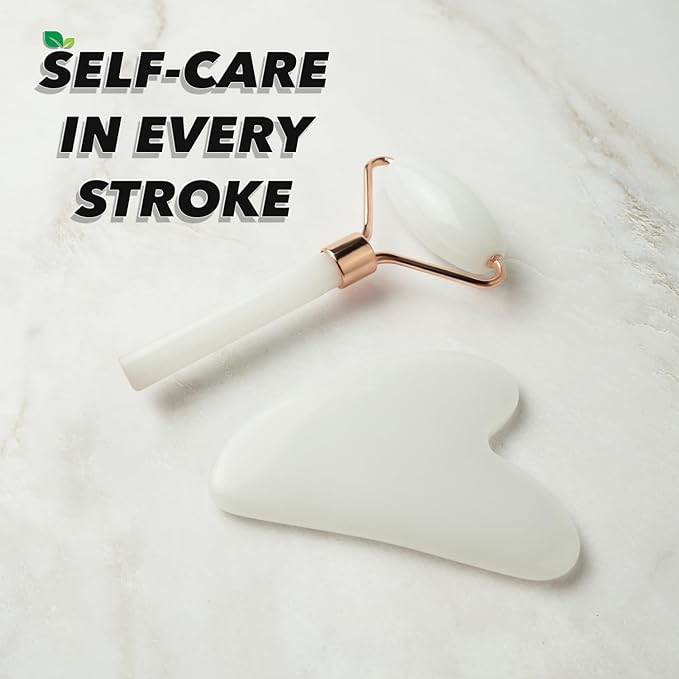 Earth & I White Jade Roller & Face Guasha Set 2pc, at Home Spa Essentials, Women Self Care, Face Tool for Lymphatic Drainage, Gua Sha Roller, Gusha, Facial Gua Sha Tool, Spa Accessories for Women