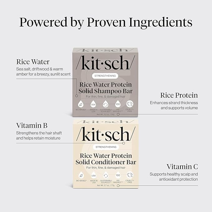 Kitsch Rice Water Shampoo & Conditioner Set – Solid Shampoo & Conditioner Bar with Protein for Hair Growth, Strengthening Hair & Damage Repair – Paraben, Sulfate & Silicone Free – 2 Pack