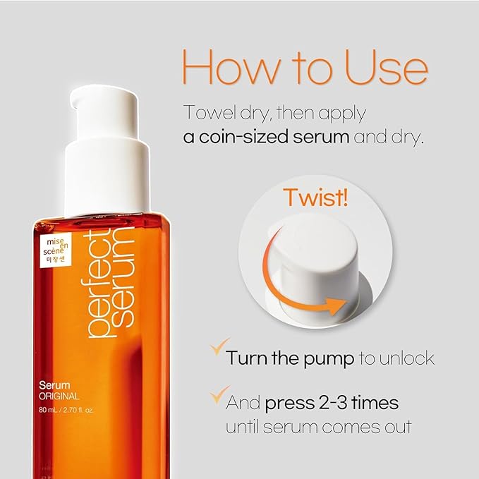 Mise En Scene Perfect Serum Original - Heat Protectant Hair Oil for Frizzy & Dry | Argan Oil | Visibly Smooths & Softens | Add Shine All Hair Types | Damage Repair | Fruity Floral Scent, 2.7 Fl Oz.
