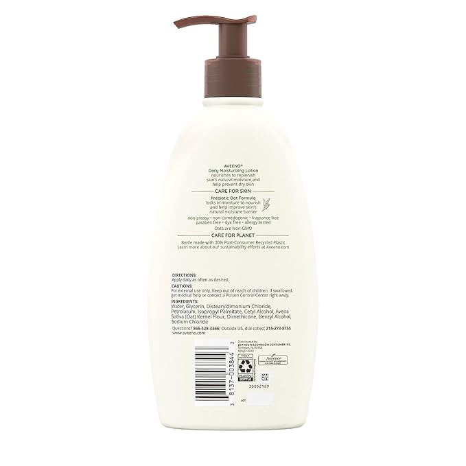 Aveeno Daily Moisturizing Body Lotion for Dry Skin with Prebiotic Oat, Fragrance & Paraben Free, Non-Greasy, Non-Comedogenic, for Sensitive Skin & 48-Hour Moisturizer 18 Fl Oz