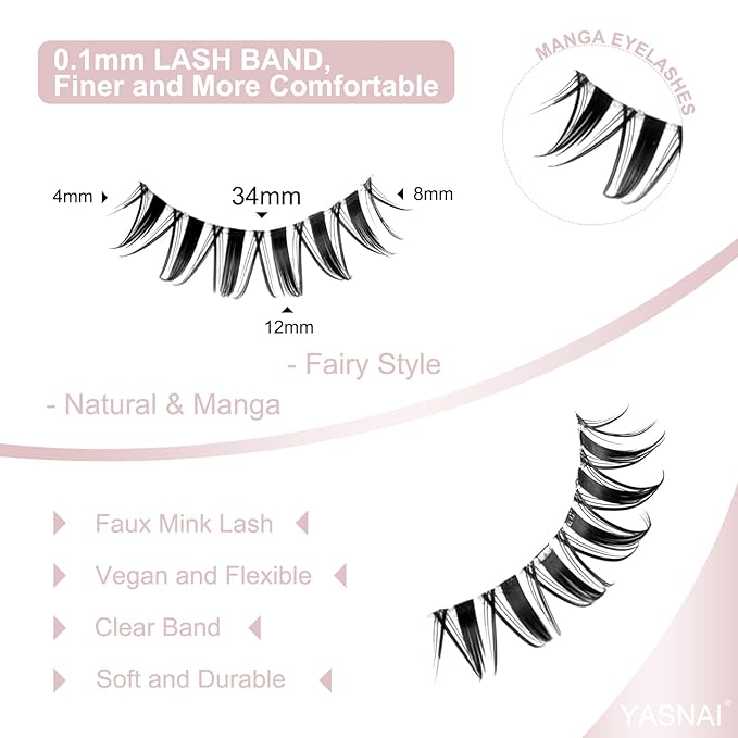 Fairy Lashes Manga Lash False Eyelashes Natural Look, Yasnai Anime Lashes Fake Lashes Volume 12mm Eye Lashes, Strips Lashes Natural False Lashes Clear Band 6 Pairs Pack