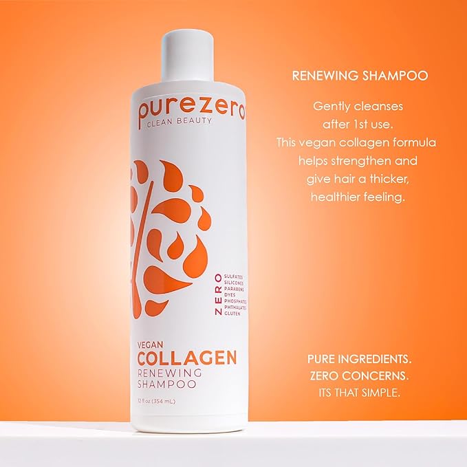 PureZero Vegan Collagen Shampoo & Conditioner Set - Strengthening & Hydrating Clean Beauty Duo for Dry or Damaged Hair – Plant-Based Collagen, Sulfate-Free, Paraben-Free, Cruelty-Free, 2 × 12 oz
