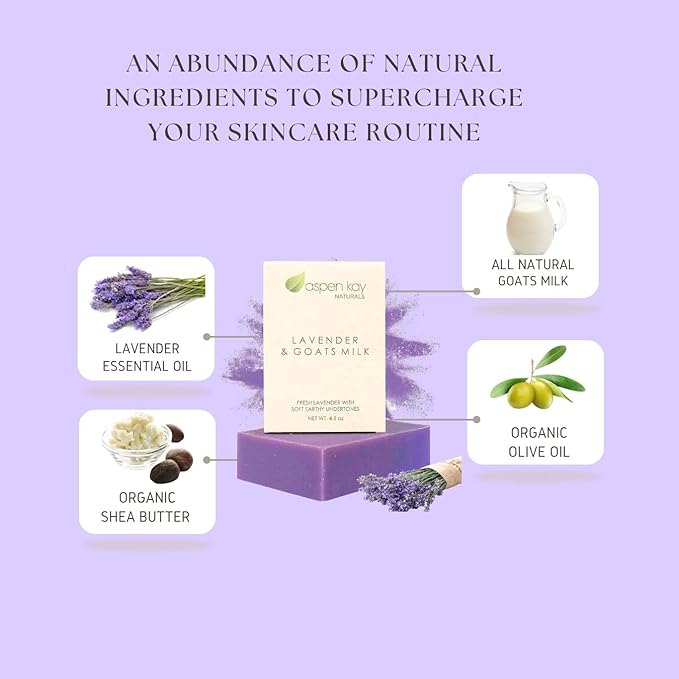 Lavender and Goats Milk Soap Bar. Natural Lavender Soap with Organic Shea Butter & Pure Essential Oils. Gentle for Face and Body. For Men, Women & Teens. Handmade in USA. 4.5 oz Bar.