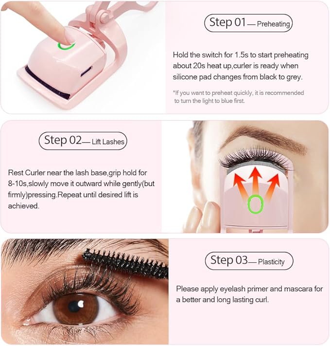 Heated Eyelash Curler with USB,Fast Heat up & 24H Long-Lasting,Rechargeable Electric Lash Curlers,Temperature Control,Safe Anti-Burn Quick Natural Curling Eye Lashes,Pink