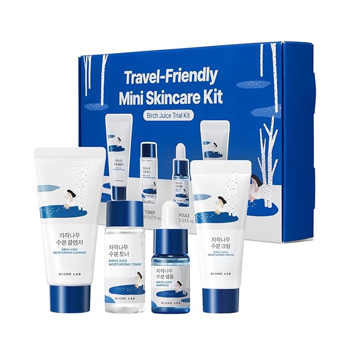 ROUND LAB Birch Juice Moisturizing Mini Kit, 4-Step Travel Size Skincare Set (Cleanser, Toner, Serum, Cream) | Korean Moisturizer, Hydrating Routine | For Acne-Prone, Sensitive Skin | Beauty Gift Set