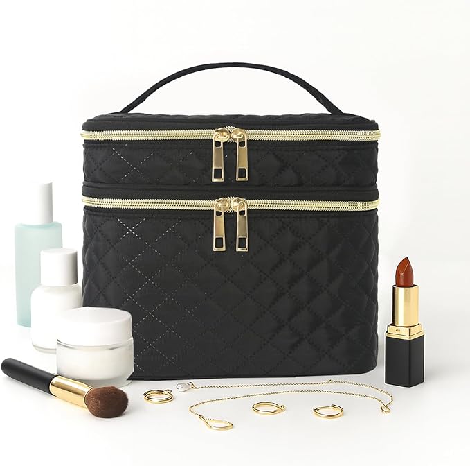 Travel Makeup Bag for Women Double Layer Large Cosmetic Case Water-resistant Toiletry Bag Organizer for Store Toiletries Cosmetic Accessories and Manicure Sets Black