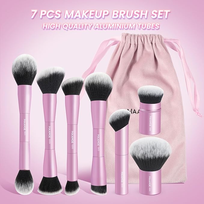 MAANGE 7pcs Makeup Brush Set Double Sided Kabuki Makeup Brushes Contour Brush for Foundation Liquid Powder Concealer Cream Cosmetics Bronzer Blending Blush Buffing Makeup Tools (Pink)