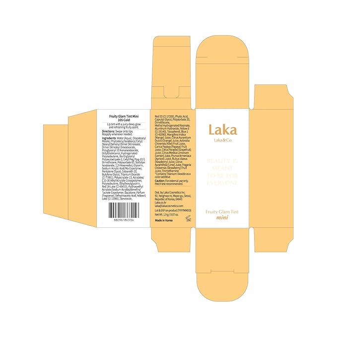 Laka Fruity Glam Lip Tint Mini, Glowing Lip Stain with Wide Color Spectrum, Hydrating & Lightweight Texture, Long-Lasting Bold Stain, Non-Sticky, Vegan, K-Beauty (#105 Cold)