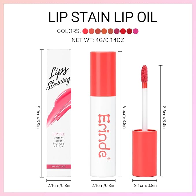 Erinde Lips Staining Lip Oil, Glossy Lip Stain, Long-Lasting Lightweight Lip Staining Oil, Moisturizing Plumping Hydrating Glossy Lip Tint, Vegan & Cruelty-Free, 06