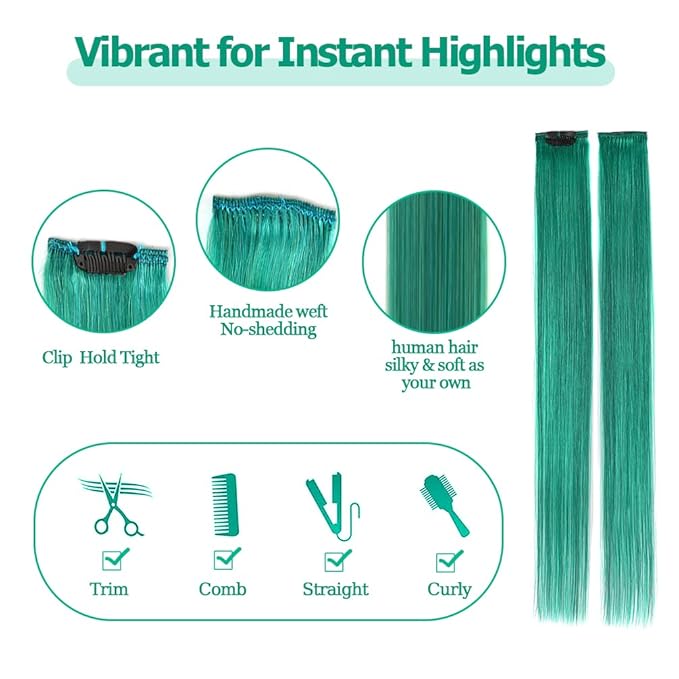 Winsky Teal Hair Extensions Clip in Human Hair - 100% Straight Halloween Party Highlights Clip on Colored Hair Extensions 5 Pieces/Set (18inch,Teal)