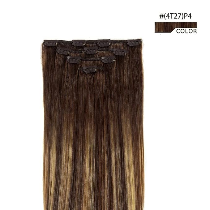 12" Hair Extensions Balayage Clip in Human Hair for Women - Silky Straight Chocolate Brown to Honey Blonde Highlight Brown Ombre Hair 50grams 4pieces #(4T27) P4 Color
