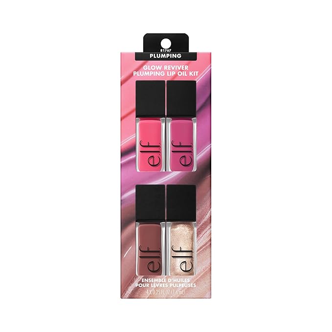 e.l.f. Glow Reviver Plumping Lip Oil Kit, Nourishing Tinted Lip Oils For A High-Shine Finish, Infused With Jojoba Oil, Vegan & Cruelty-Free, 4 Shades