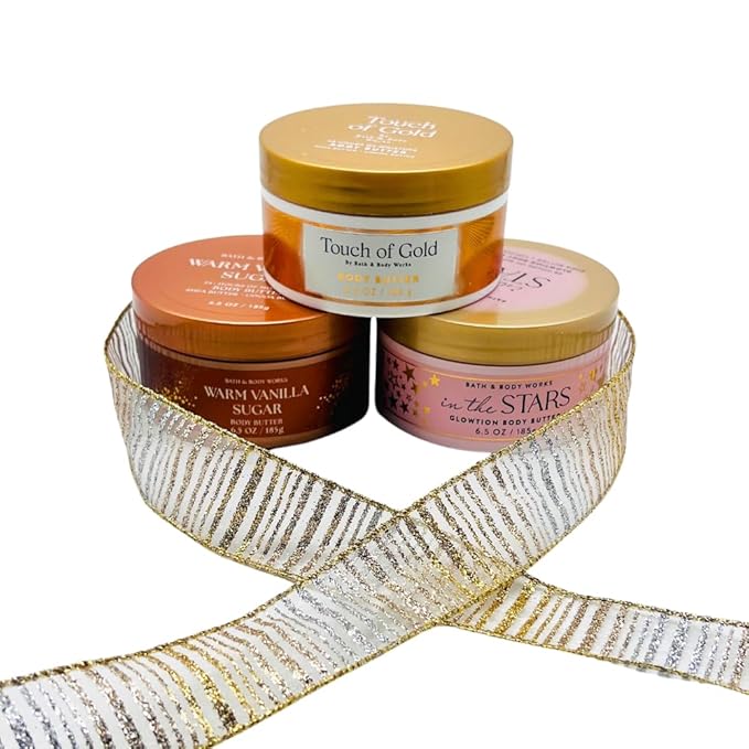 Bath & Body Works Golden Bundle 3-Pack Body Butter Gift Set – In The Stars Glowtion, Touch of Gold & Warm Vanilla Sugar 6.5 oz each with 30-Inch Metallic Gold & Silver Striped Bow for Holidays