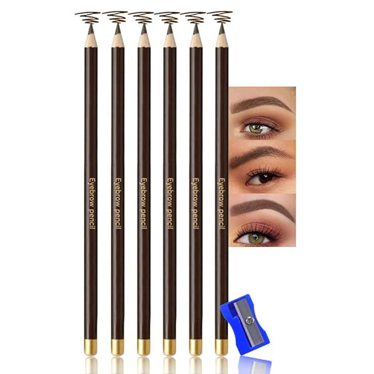 6Pcs Long Eyebrow Pencils Set, Dark Coffee Natural Look, for Eyebrows & Eyeliner,Waterproof & Sweat-Proof Wooden Hard-Core Brow Pencil with Sharpener,Long Lasting Makeup Kit for Beginners 102#