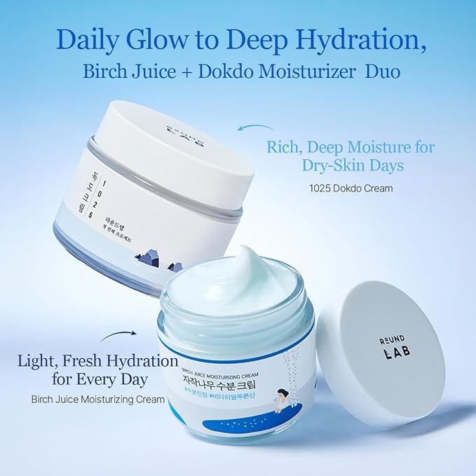 ROUND LAB Hydrating Face Moisturizer Duo for Sensitive Acne-prone Skin, Birch Juice Moisturizing Cream and Dokdo Cream,2.71 Fl Oz Lightweight Daily Face Cream Set, Barrier Cream, Korean Skin Care