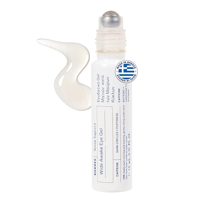 KORRES Greek Yoghurt Wide Awake Eye Gel Serum with Hyaluronic Acid & Caffeine for Dark Circles & Puffy Eyes, Roller Ball, Brightening & Hydrating, 0.51 fl oz, Stocking Stuffer