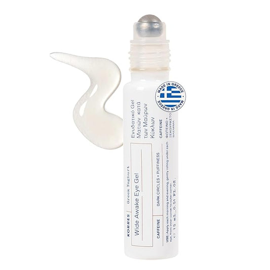 KORRES Greek Yoghurt Wide Awake Eye Gel Serum with Hyaluronic Acid & Caffeine for Dark Circles & Puffy Eyes, Roller Ball, Brightening & Hydrating, 0.51 fl oz, Stocking Stuffer