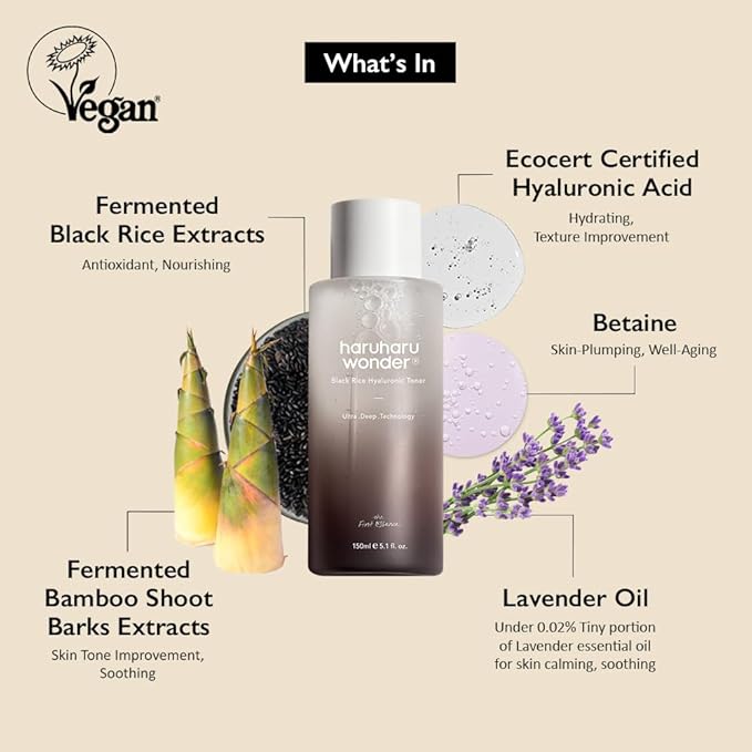 haruharu Wonder Black Rice Hyaluronic Toner, Deep Hydration, Glass Skin, Hyaluronic Acid, Lavender Oil, Skin Plumpling, Korean Skincare, Vegan, Cruelty-Free, 5.1 fl.oz