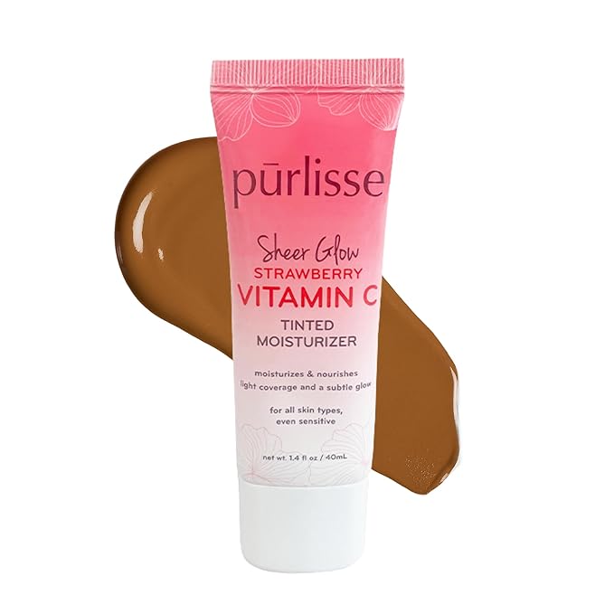 pürlisse Sheer Glow Strawberry Vitamin C Tinted Moisturizer - Skin Tint Moisturizer Enriched with Antioxidants to Even Complexion - Dewy Light Coverage for All Skin Types - Deep (1.4 oz)