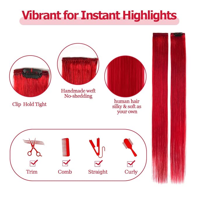 Winsky Red Hair Extensions Clip in Human Hair - 100% Straight Party Highlights Clip on Colored Hair Extensions 5 Pieces/Set (18inch,Red)