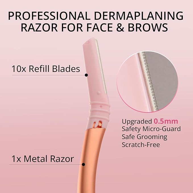 Dermaplane Razor for Women Face, Eyebrow Razor Refills with 10 Razor Head, Reusable Face Razors, Professional Dermaplaning Tool for Exfoliation, Peach Fuzz Removal, Eyebrow Shaping