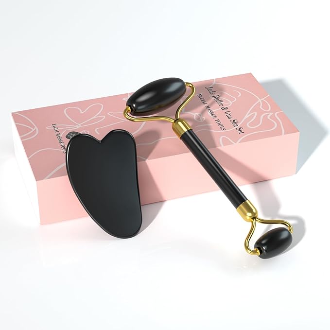 Jade Roller Gua Sha Set - Facial Skin Care Set, Facial Beauty Tools, Natural Beauty Skin Care Tools, Face Roller Massager for Face, Neck, and Eye Treatment,Gua Sha Facial Massager (Black)