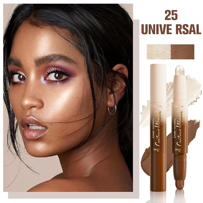 2Pcs Dual-Ended 2-in-1 Cream Contour & Highlighter Stick Makeup For Face & Body – Waterproof, Long-Lasting, Suitable for All Skin Tones, (05+06)